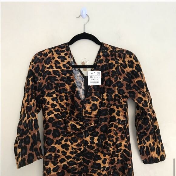 ZARA Animal Print Ruched Tie V-neck Drape Dress - Picture 6 of 6